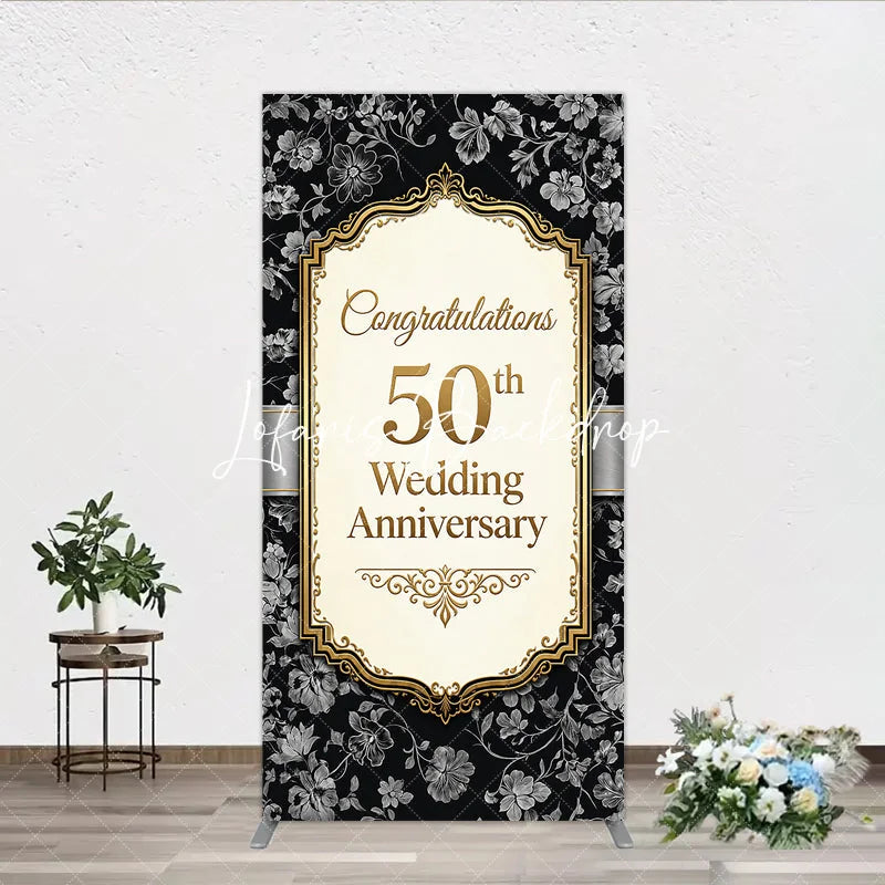 Lofaris Elegant Black Gold Floral Rectangle Arch Backdrop 50th Wedding Anniversary Celebration Party Decor