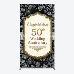 Lofaris Elegant Black Gold Floral Rectangle Arch Backdrop 50th Wedding Anniversary Celebration Party Decor