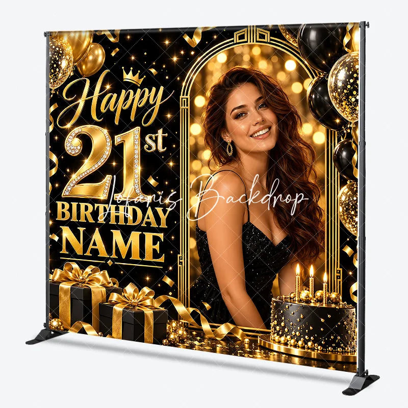 Lofaris Elegant Black Gold Glitter Diamond Happy 21st Birthday Custom Backdrop Personalized Party Celebration Decor
