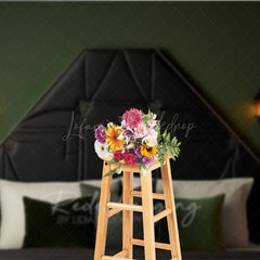 Lofaris Elegant Black Tufted Headboard Photography Backdrop Dark Green Wall with Sconces Modern Luxury Bedroom Decor