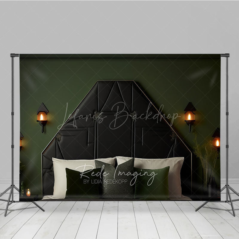Lofaris Elegant Black Tufted Headboard Photography Backdrop Dark Green Wall with Sconces Modern Luxury Bedroom Decor