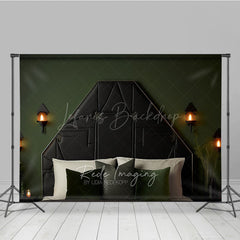Lofaris Elegant Black Tufted Headboard Photography Backdrop Dark Green Wall with Sconces Modern Luxury Bedroom Decor