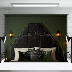 Lofaris Elegant Black Tufted Headboard Photography Backdrop Dark Green Wall with Sconces Modern Luxury Bedroom Decor