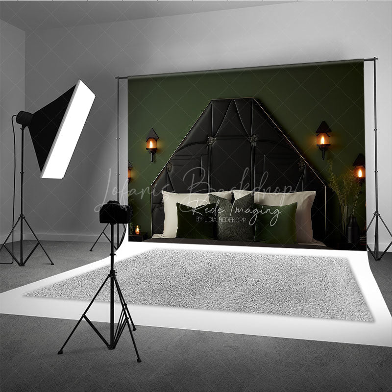 Lofaris Elegant Black Tufted Headboard Photography Backdrop Dark Green Wall with Sconces Modern Luxury Bedroom Decor