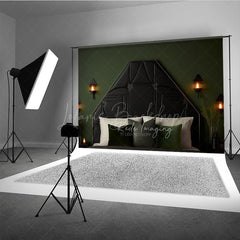 Lofaris Elegant Black Tufted Headboard Photography Backdrop Dark Green Wall with Sconces Modern Luxury Bedroom Decor