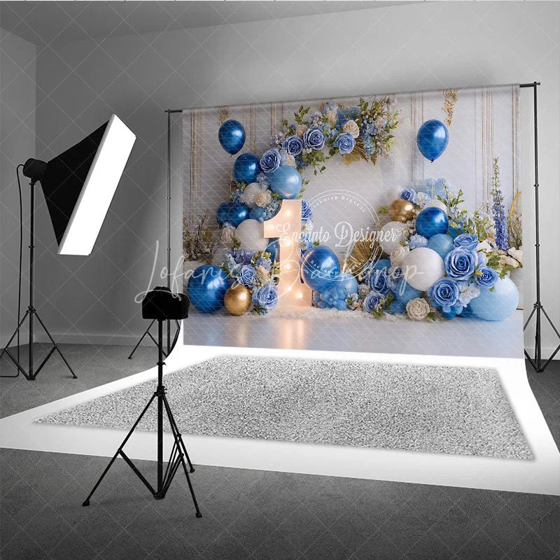 Lofaris Elegant Blue and Gold Balloons with Flowers First Birthday Photography Backdrop Baby Shower Cake Smash Decor