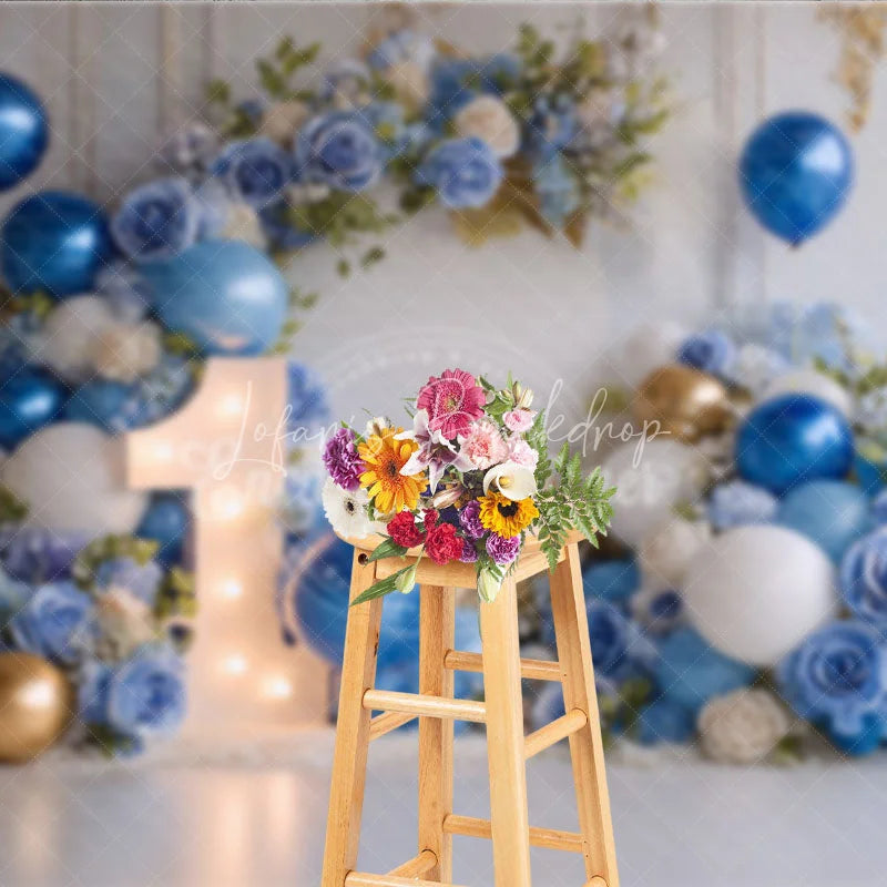 Lofaris Elegant Blue and Gold Balloons with Flowers First Birthday Photography Backdrop Baby Shower Cake Smash Decor
