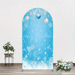 Lofaris Elegant Blue and Silver Winter Holiday Round Top Arch Backdrop featuring Snowflakes Pearl Ornaments