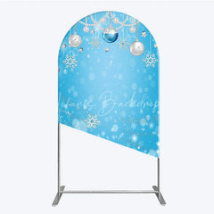 Lofaris Elegant Blue and Silver Winter Holiday Round Top Arch Backdrop featuring Snowflakes Pearl Ornaments