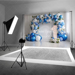 Lofaris Elegant Blue and White Balloon Floral Garland Photography Backdrop First Birthday Party Decor for Baby