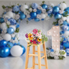 Lofaris Elegant Blue and White Balloon Floral Garland Photography Backdrop First Birthday Party Decor for Baby