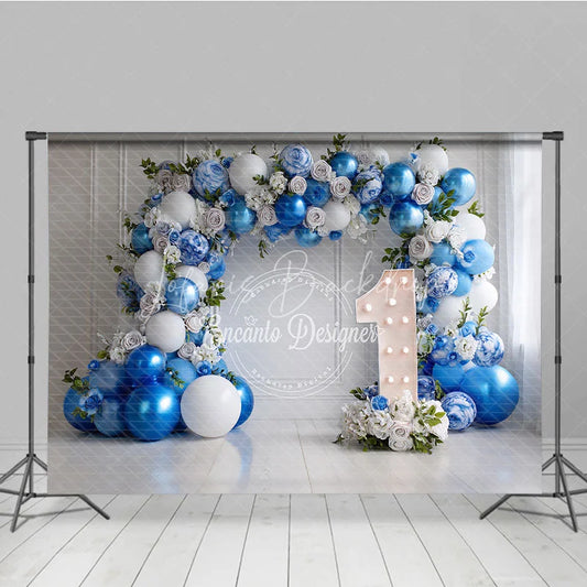 Lofaris Elegant Blue and White Balloon Floral Garland Photography Backdrop First Birthday Party Decor for Baby
