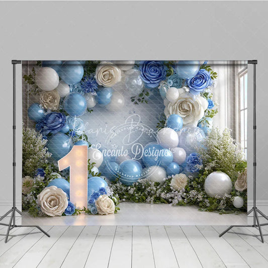 Lofaris Elegant Blue and White Balloons Roses Number One Photography Backdrop First Birthday Party Decor