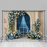 Lofaris Elegant Blue and White Floral Arch Window Photography Backdrop Hydrangea Rose Garland Classic Wedding Prop