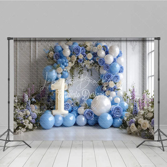 Lofaris Elegant Blue and White Floral Arch with Number 1 Photography Backdrop First Birthday Party Decor