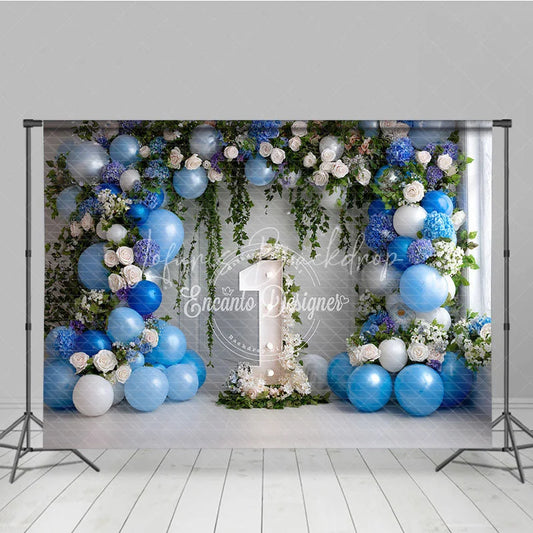 Lofaris Elegant Blue and White Floral Photography Backdrop with Balloons Greenery Number One for First Birthday Party