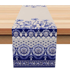 Lofaris Elegant Blue and White Paisley Table Runner Floral Border Modern Farmhouse Kitchen Dining Decor