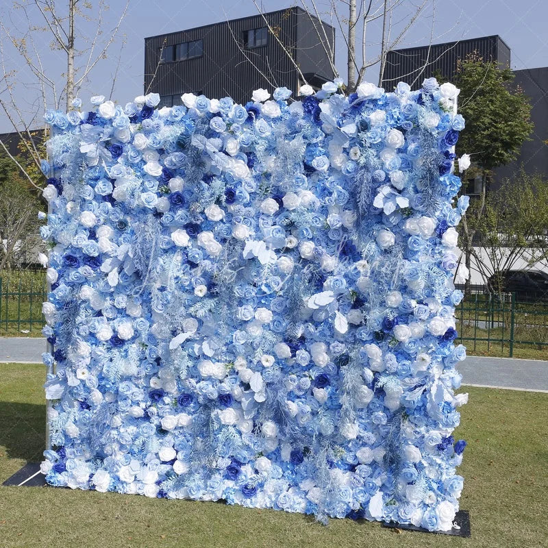 Lofaris Elegant Blue and White Rose Artificial Flower Wall Romantic Floral Backdrop for Wedding Event Decor