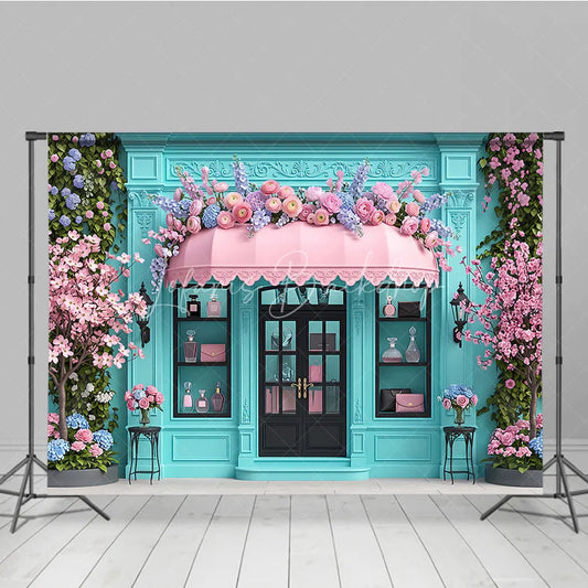 Lofaris Elegant Blue Boutique Storefront Photography Backdrop featuring Pink Awning Cherry Blossoms and Lush Floral Decor