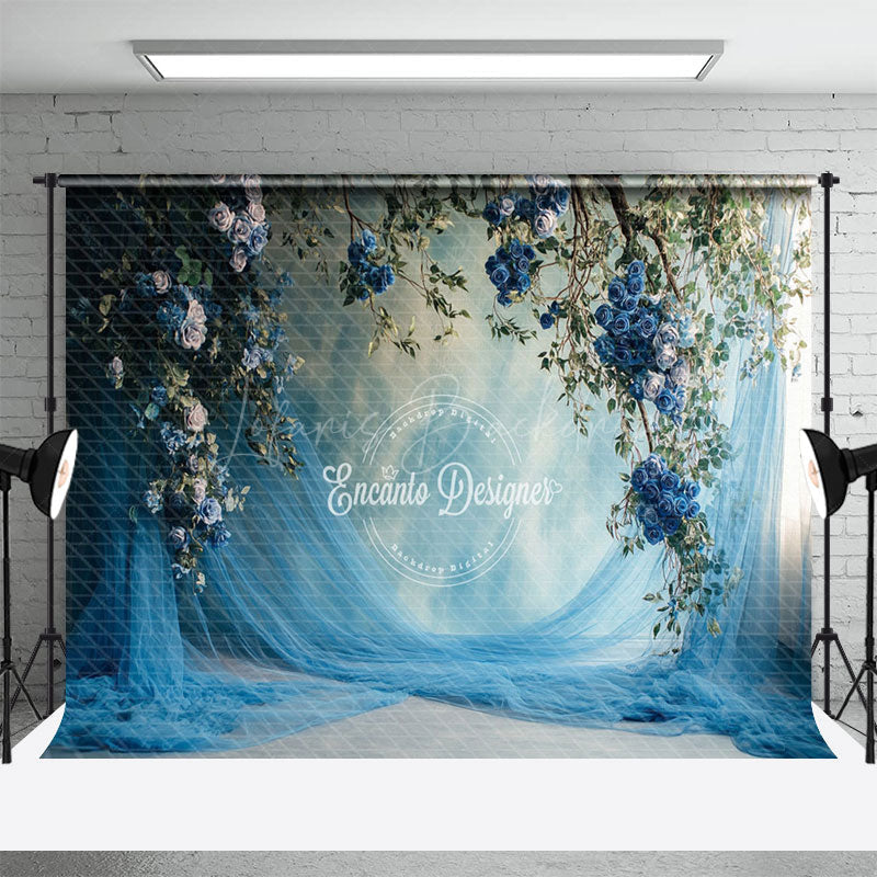 Lofaris Elegant Blue Curtain Floral Wedding Photo Backdrop