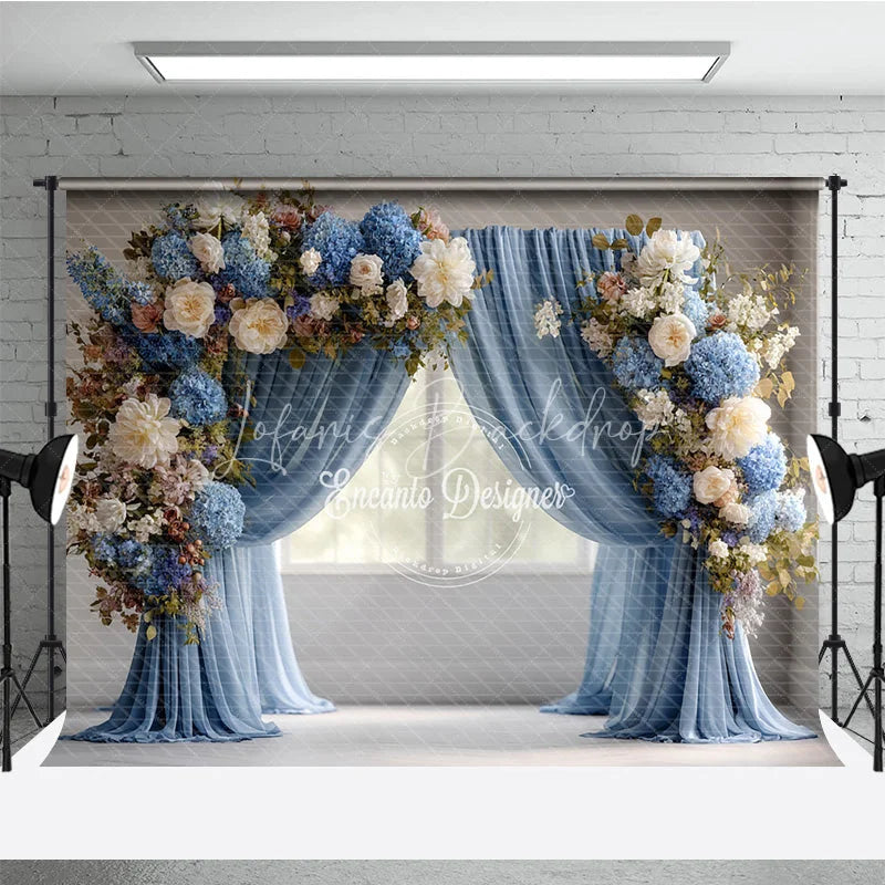 Lofaris Elegant Blue Curtain Photography Backdrop Floral Arch with Hydrangeas Wedding or Maternity Photo Background