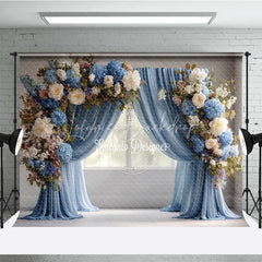 Lofaris Elegant Blue Curtain Photography Backdrop Floral Arch with Hydrangeas Wedding or Maternity Photo Background