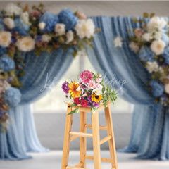 Lofaris Elegant Blue Curtain Photography Backdrop Floral Arch with Hydrangeas Wedding or Maternity Photo Background