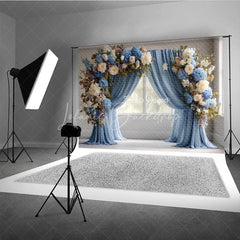 Lofaris Elegant Blue Curtain Photography Backdrop Floral Arch with Hydrangeas Wedding or Maternity Photo Background