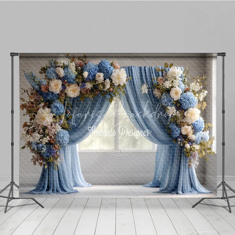 Lofaris Elegant Blue Curtain Photography Backdrop Floral Arch with Hydrangeas Wedding or Maternity Photo Background