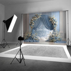 Lofaris Elegant Blue Draped Arch Photography Backdrop White Floral for Indoor Wedding Romantic Ceremony Background