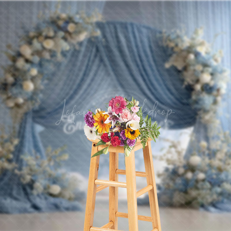 Lofaris Elegant Blue Draped Arch Photography Backdrop White Floral for Indoor Wedding Romantic Ceremony Background