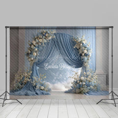 Lofaris Elegant Blue Draped Arch Photography Backdrop White Floral for Indoor Wedding Romantic Ceremony Background