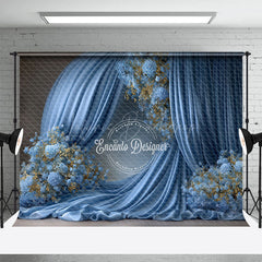 Lofaris Elegant Blue Draped Fabric Photography Backdrop Round Arch with Gold Floral Luxury Maternity Photo Background