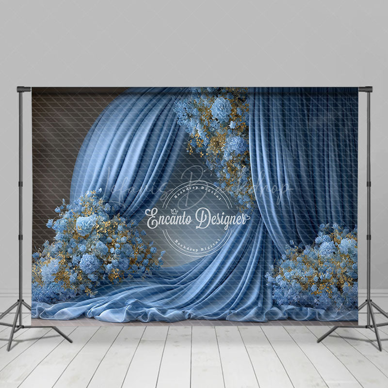 Lofaris Elegant Blue Draped Fabric Photography Backdrop Round Arch with Gold Floral Luxury Maternity Photo Background
