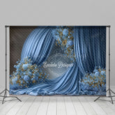 Lofaris Elegant Blue Draped Fabric Photography Backdrop Round Arch with Gold Floral Luxury Maternity Photo Background