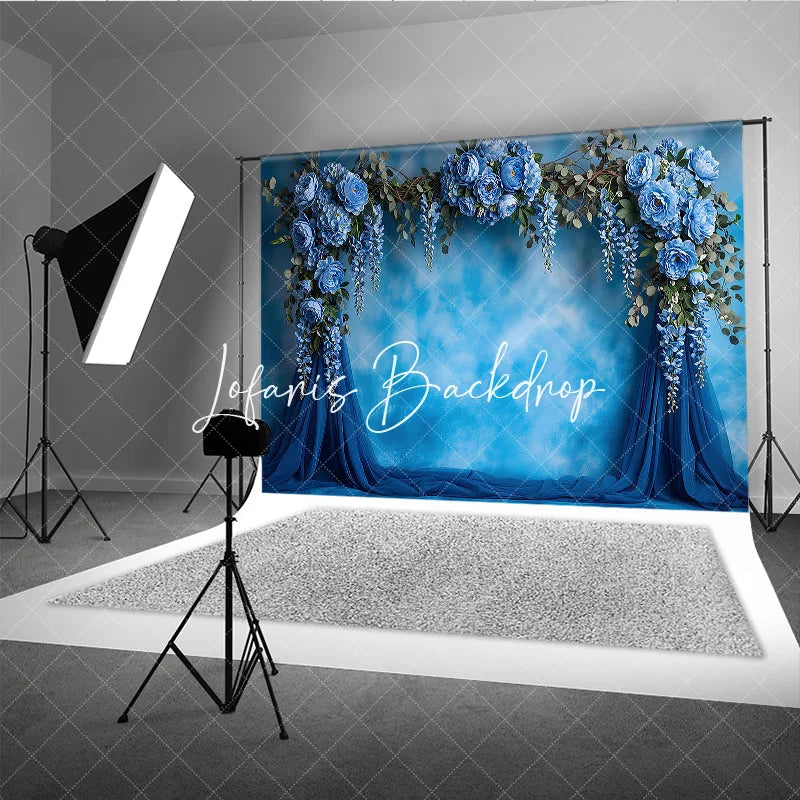 Lofaris Elegant Blue Floral Arch Photography Backdrop with Peonies and Wisteria Textured Sky Background for Baby Shower Party