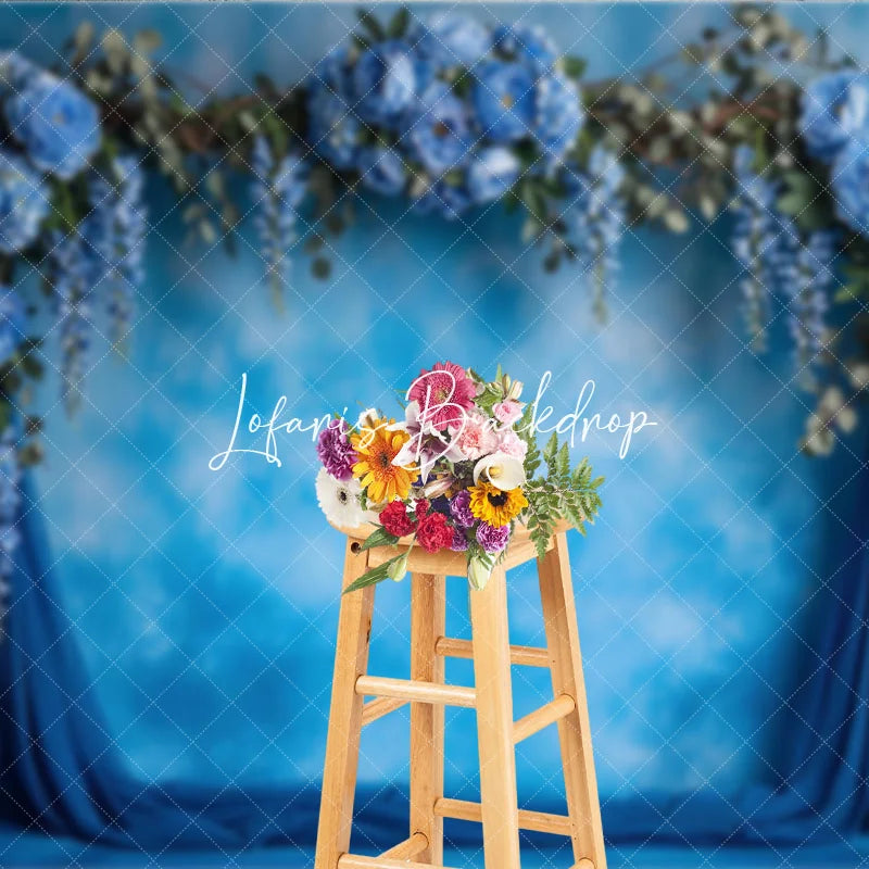 Lofaris Elegant Blue Floral Arch Photography Backdrop with Peonies and Wisteria Textured Sky Background for Baby Shower Party