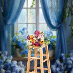 Lofaris Elegant Blue Floral Leaf Window Scene Photo Backdrop