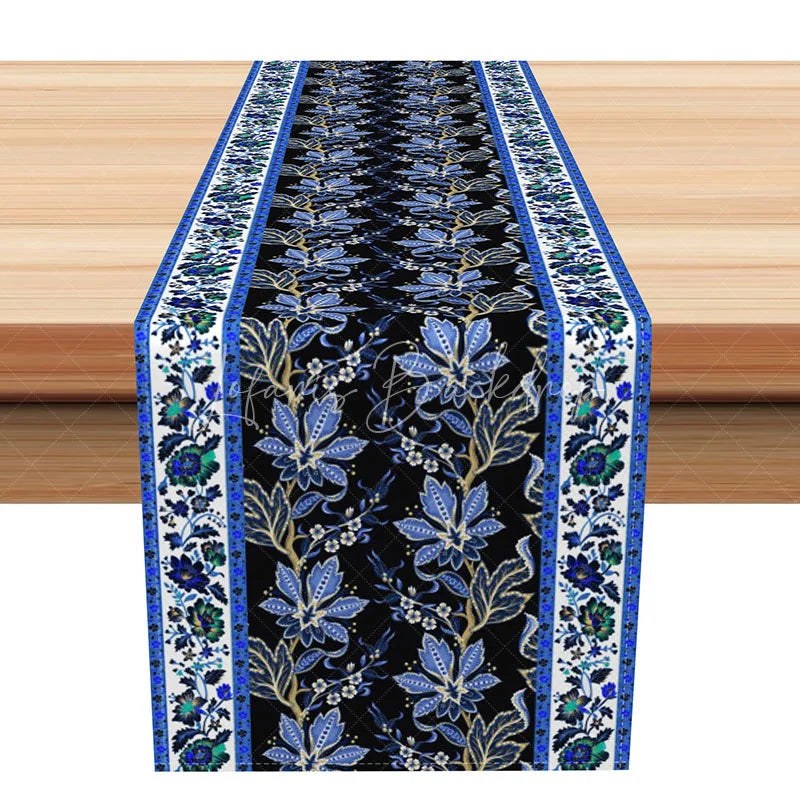 Lofaris Elegant Blue Floral Table Runner with Paisley Border Ethnic Botanical Design for Dining Decor