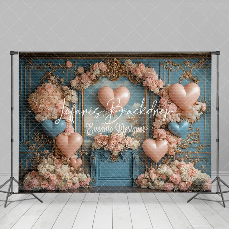 Lofaris Elegant Blue Gold Ornate Wall Photography Backdrop with Pink and Heart Balloons Romantic Floral Arch Celebration