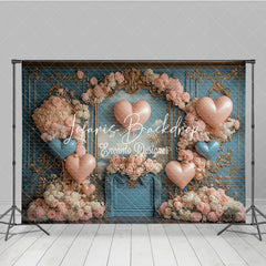 Lofaris Elegant Blue Gold Ornate Wall Photography Backdrop with Pink and Heart Balloons Romantic Floral Arch Celebration