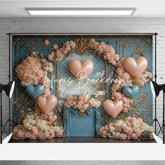 Lofaris Elegant Blue Gold Ornate Wall Photography Backdrop with Pink and Heart Balloons Romantic Floral Arch Celebration