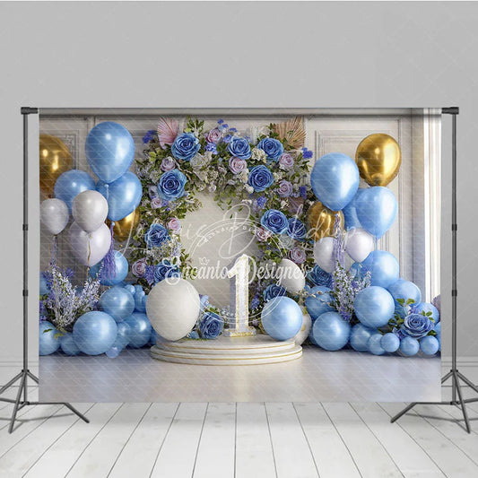Lofaris Elegant Blue Gold White Balloons and Floral Arch Number One Photography Backdrop First Birthday Party Decor