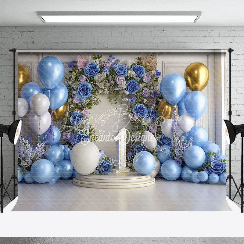 Lofaris Elegant Blue Gold White Balloons and Floral Arch Number One Photography Backdrop First Birthday Party Decor