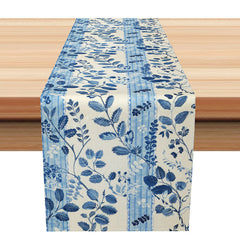 Lofaris Elegant Blue Leaf and Stripe Table Runner for Spring Fresh Botanical Kitchen Decor Modern Farmhouse Dining