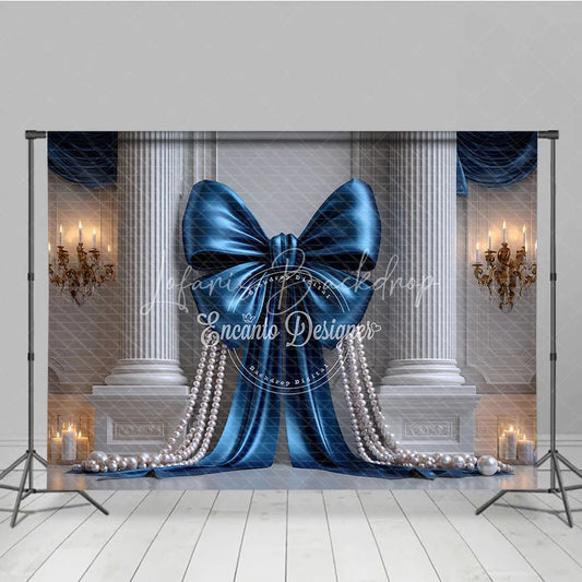 Lofaris Elegant Blue Satin Bow and Pearl Photography Backdrop Classical Columns Golden Chandeliers for Luxury Events