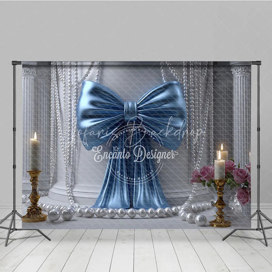 Lofaris Elegant Blue Satin Bow and White Pearl Photography Backdrop featuring Classical Columns Pink Roses