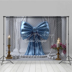 Lofaris Elegant Blue Satin Bow and White Pearl Photography Backdrop featuring Classical Columns Pink Roses
