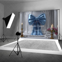 Lofaris Elegant Blue Satin Bow and White Pearl Photography Backdrop featuring Classical Columns Pink Roses