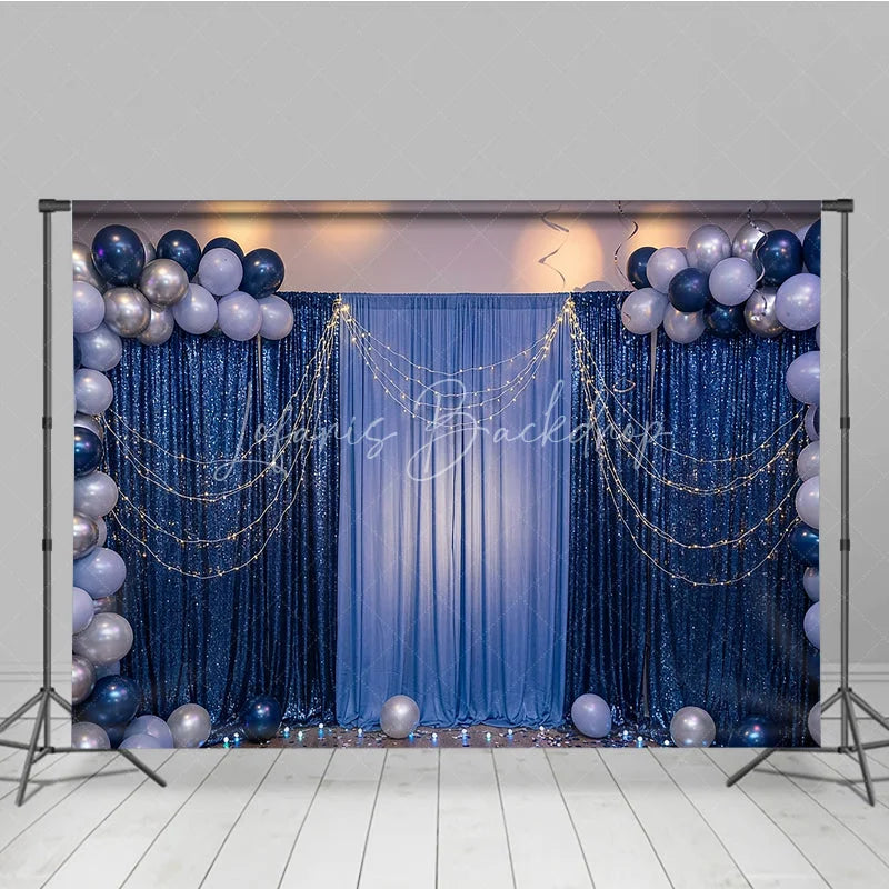 Lofaris Elegant Blue Sequin and Fabric Photography Backdrop with Balloons String Lights Festive Party Celebration Decor
